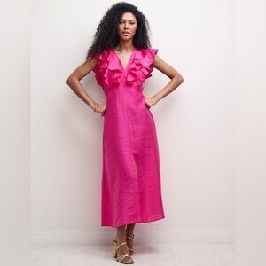 Ruffled V-Neck Midi Dress in Hot Pink